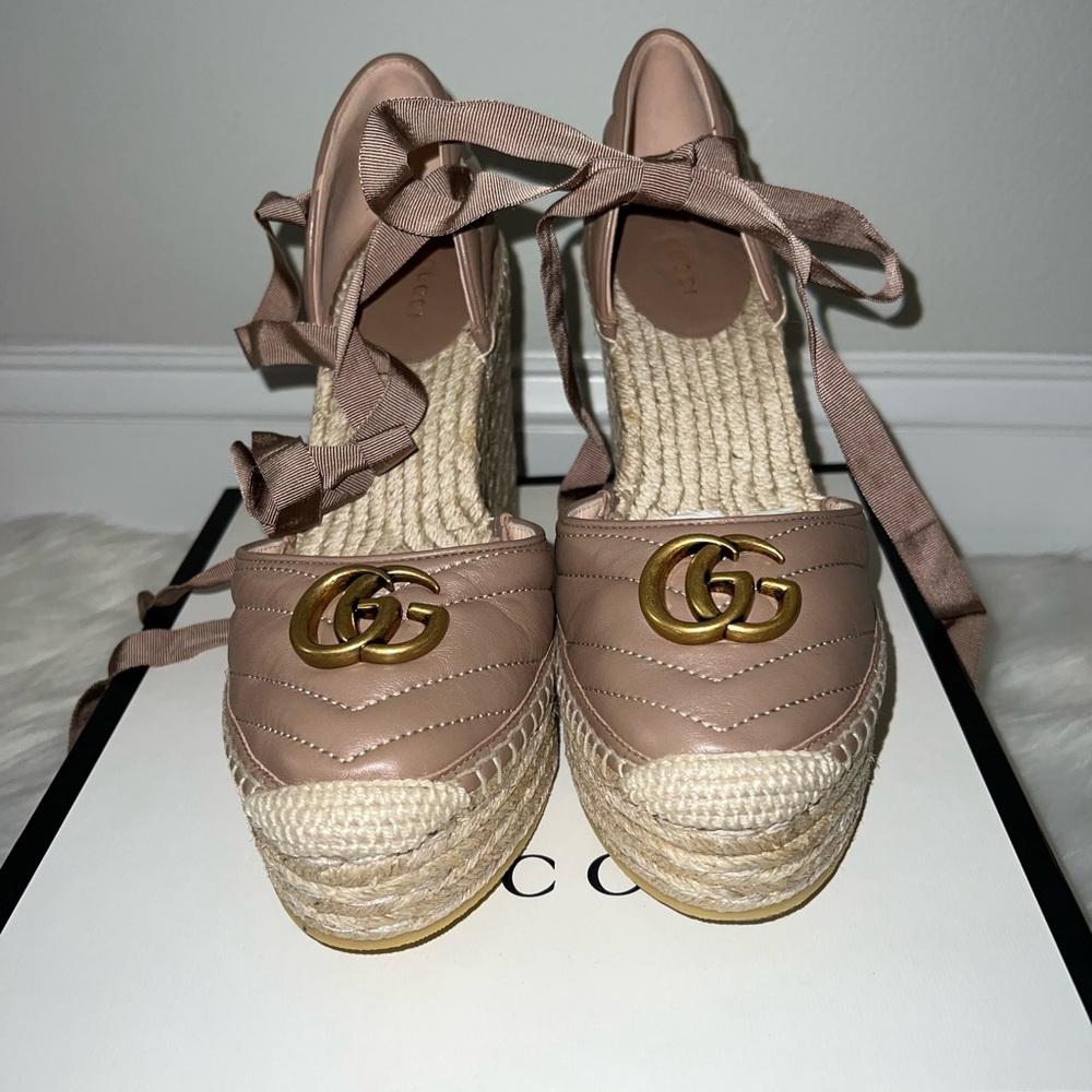 Gucci Ankle Tie Wedge Platform Espadrille Sandals